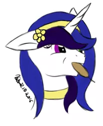 Size: 471x573 | Tagged: safe, artist:xaik0x, derpibooru import, oc, oc:amate, unofficial characters only, pony, unicorn, corn, corndog, ear piercing, earring, female, food, full mouth, headband, heterochromia, jewelry, mare, necklace, piercing, sausage, solo, two colour hair
