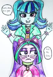 Size: 800x1170 | Tagged: safe, artist:blazingdazzlingdusk, derpibooru import, aria blaze, sonata dusk, cat, equestria girls, alternate hairstyle, cat ears, clothes, clothes swap, costume, traditional art