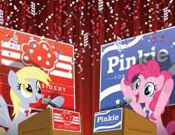 Size: 1168x900 | Tagged: safe, artist:tonyfleecs, derpibooru import, derpy hooves, pinkie pie, pegasus, pony, campaign, election, female, mare, podium