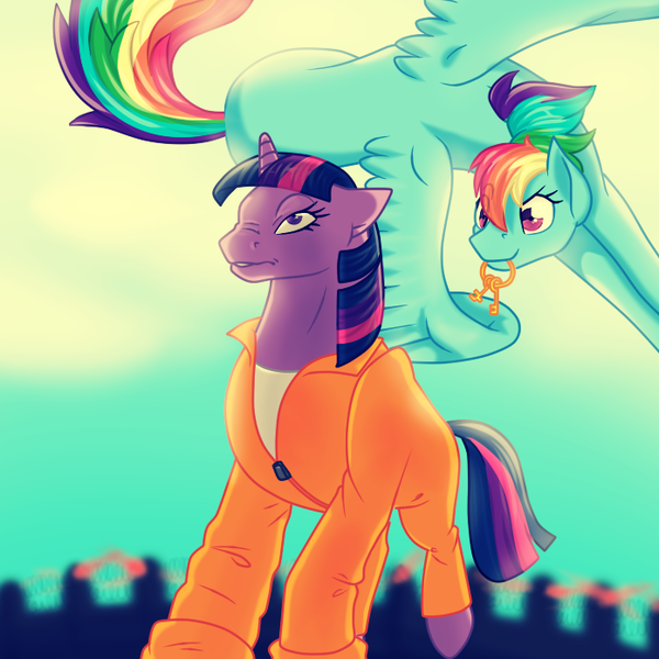 Size: 696x696 | Tagged: artist:dedonnerwolke, clothes, derpibooru import, key, mouth hold, prisoner, prisoner ts, prison outfit, rainbow dash, role reversal, safe, twilight sparkle