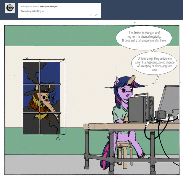 Size: 1189x1152 | Tagged: safe, artist:dreamingnoctis, derpibooru import, twilight sparkle, pony, ask asylum twilight, ask, computer, desk, horn cap, magic suppression, plague doctor, plague doctor mask, smoke, tumblr, window