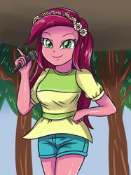 Size: 2598x3472 | Tagged: safe, artist:sumin6301, derpibooru import, gloriosa daisy, equestria girls, legend of everfree, clothes, looking at you, microphone, shorts, smiling, solo