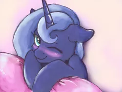 Size: 1600x1200 | Tagged: safe, artist:buttersprinkle, derpibooru import, princess luna, pony, blushing, cute, floppy ears, fluffy, leaning, lidded eyes, looking at you, lunabetes, one eye closed, pillow, s1 luna, smiling, solo, wink