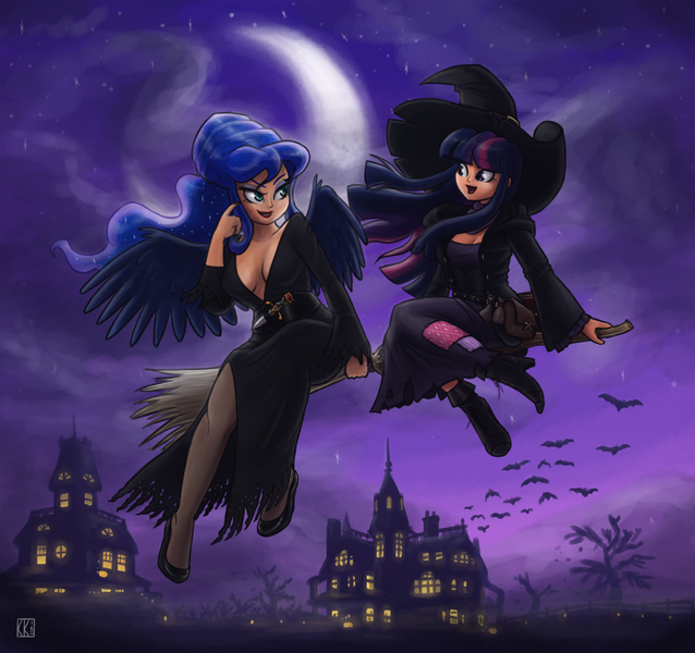 Size: 1600x1505 | Tagged: alternate hairstyle, artist:king-kakapo, bat, boots, breasts, broom, busty princess luna, cleavage, clothes, cosplay, costume, derpibooru import, dress, elvira, female, flying, flying broomstick, halloween, hat, high heels, house, human, humanized, lesbian, light skin, lipstick, moon, night, nightmare night, pantyhose, princess luna, safe, shipping, sitting, tree, twilight sparkle, twiluna, witch, witch hat