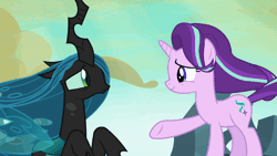 Size: 710x400 | Tagged: animated, changeling, changeling queen, denied, derpibooru import, female, gif, glare, queen chrysalis, refusal, safe, screencap, second chances, slap, starlight glimmer, to where and back again
