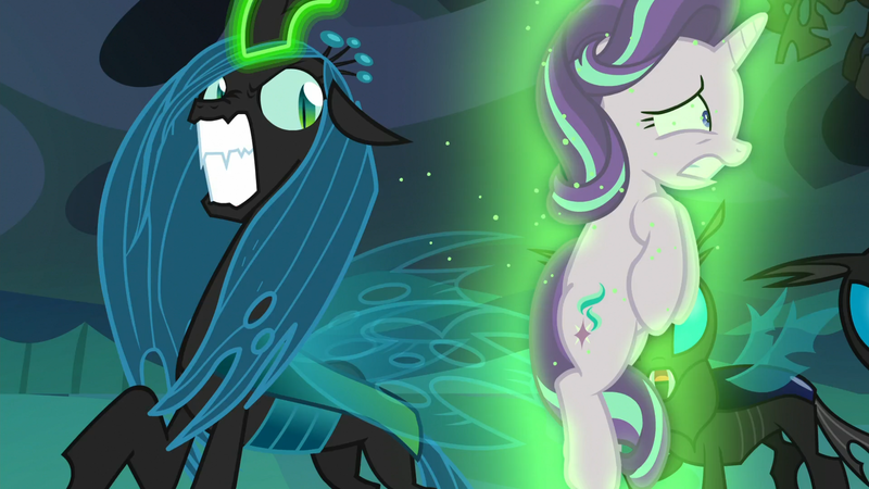 Size: 1920x1080 | Tagged: safe, derpibooru import, screencap, queen chrysalis, starlight glimmer, changeling, changeling queen, pony, unicorn, to where and back again, angry, female, frown, glare, glowing horn, gritted teeth, levitation, magic, magic aura, mare, nose wrinkle, raised hoof, scared, telekinesis, varying degrees of want, wide eyes