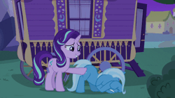 Size: 800x450 | Tagged: safe, derpibooru import, screencap, starlight glimmer, trixie, pony, unicorn, to where and back again, animated, butt touch, comforting, covering eyes, cowering, face down ass up, female, frightened, gif, hoof on butt, loop, mare, patting, shaking, trixie's wagon