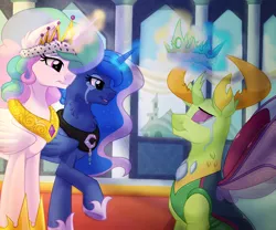 Size: 1200x1000 | Tagged: artist:itstaylor-made, changedling, changeling, chest fluff, coronation, crown, crying, derpibooru import, jewelry, king thorax, magic, necklace, princess celestia, princess luna, raised hoof, regalia, safe, tears of joy, telekinesis, thorax, to where and back again