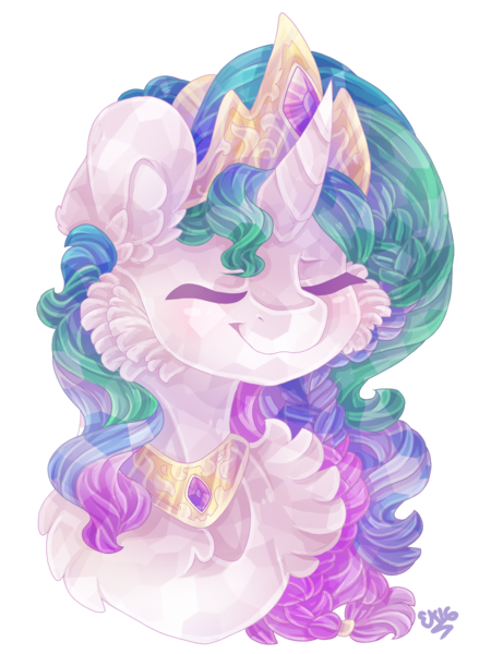 Size: 1536x2048 | Tagged: safe, artist:animorphsfan, derpibooru import, princess celestia, crystal pony, pony, bust, crystallized, eyes closed, female, mare, portrait, simple background, smiling, solo, transparent background