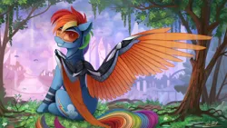 Size: 2500x1406 | Tagged: safe, artist:yakovlev-vad, derpibooru import, rainbow dash, cyborg, pony, artificial wings, augmented, city, crossover, cute, detailed, deus ex, earbuds, female, future, looking at you, looking back, mare, mechanical wing, metal, prosthetics, scenery, signature, sitting, smiling, solo, tree, visor, wings