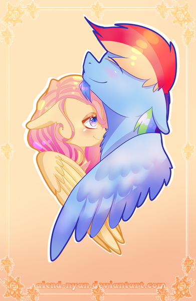 Size: 1500x2300 | Tagged: safe, artist:gnidagovnida, derpibooru import, fluttershy, rainbow dash, beard, blushing, chest fluff, facial hair, female, floppy ears, flutterblitz, flutterdash, half r63 shipping, lesbian, male, nuzzling, rainbow blitz, rule 63, shipping, smiling, straight