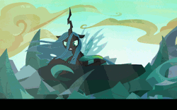 Size: 640x400 | Tagged: animated, caption, changeling, changeling hive, changeling queen, cloud, defeated, derpibooru import, edit, female, former queen chrysalis, gif, leadership, lying down, queen chrysalis, safe, screencap, sky, starlight glimmer, text, to where and back again, windswept mane