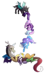 Size: 1900x3000 | Tagged: safe, artist:kikirdcz, derpibooru import, angel bunny, discord, starlight glimmer, thorax, trixie, changeling, draconequus, pony, unicorn, to where and back again, female, floating, holding on, knitting, mare, mouth hold, needle, reformed four, simple background, transparent background, trixie's cape, trixie's hat, yarn, yarn ball