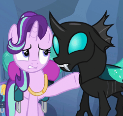 Size: 550x519 | Tagged: safe, derpibooru import, screencap, starlight glimmer, thorax, trixie, changeling, pony, unicorn, to where and back again, animated, anxiety, cropped, female, gif, hyperventilating, loop, mare, panic attack, patting, twilighting