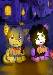 Size: 2893x4092 | Tagged: safe, artist:otpl, derpibooru import, oc, oc:violet patronage, unofficial characters only, earth pony, pony, cardboard wings, clothes, costume, foal, looking at you, mouth hold, pumpkin bucket, trick or treat