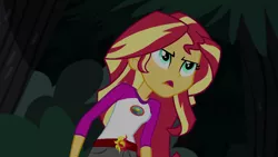 Size: 1280x720 | Tagged: safe, derpibooru import, screencap, sunset shimmer, equestria girls, legend of everfree, camp everfree outfits, clothes, female, legit, open mouth, scenery, shorts, solo, sun