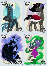 Size: 600x837 | Tagged: safe, artist:bluekite-falls, artist:sky-railroad, derpibooru import, king sombra, mane-iac, nightmare moon, queen chrysalis, alicorn, changeling, pony, game, prance card game