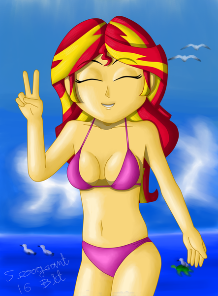 Size: 3495x4735 | Tagged: suggestive, artist:sergeant16bit, derpibooru import, sunset shimmer, equestria girls, absurd resolution, beach, belly button, bikini, breasts, busty sunset shimmer, cleavage, clothes, eyes closed, female, peace sign, signature, smiling, solo, swimsuit