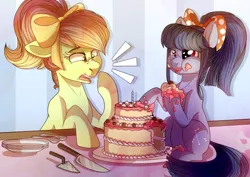 Size: 4093x2894 | Tagged: safe, artist:elskafox, derpibooru import, oc, oc:artline, oc:cosmia nebula, unofficial characters only, pony, absurd resolution, age regression, birthday, birthday cake, bow, cake, candle, female, filly, food, knife, messy eating