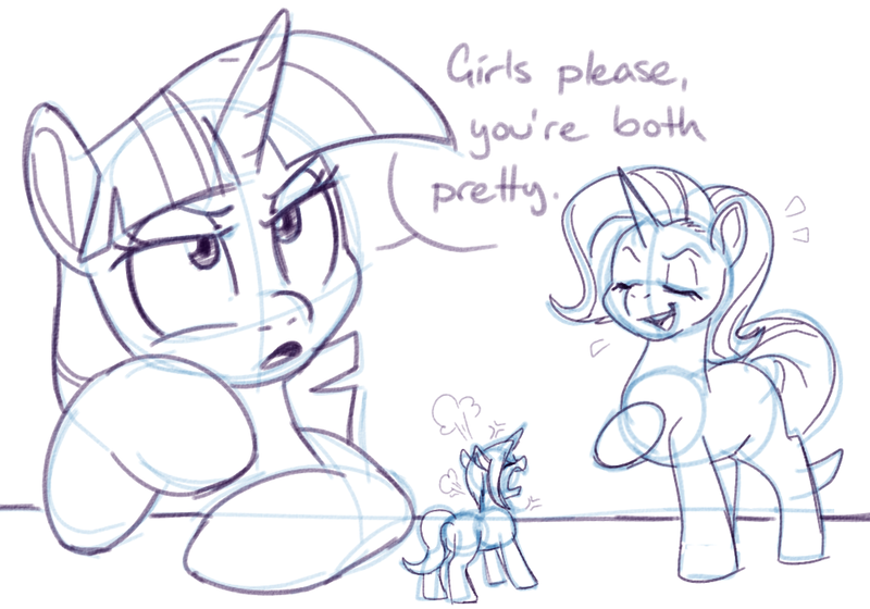 Size: 1000x700 | Tagged: safe, artist:goat train, deleted from derpibooru, derpibooru import, starlight glimmer, trixie, twilight sparkle, twilight sparkle (alicorn), alicorn, pony, annoyed, argument, dialogue, eyes closed, macro, micro, monochrome, open mouth, shrunk, size difference, sketch