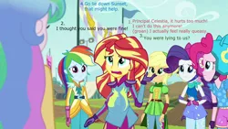 Size: 1280x720 | Tagged: safe, derpibooru import, edit, edited screencap, screencap, applejack, pinkie pie, princess celestia, rainbow dash, rarity, sunset shimmer, comic:a new change, fanfic, equestria girls, friendship games, pregnant, pregnant edit, principal celestia, teen pregnancy