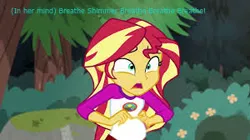 Size: 300x168 | Tagged: safe, derpibooru import, edit, edited screencap, screencap, sunset shimmer, comic:a new change, fanfic, equestria girls, camp everfree, camp everfree outfits, picture for breezies, pregnant, pregnant edit, solo, teen pregnancy