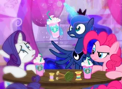 Size: 1000x730 | Tagged: safe, artist:pixelkitties, derpibooru import, pinkie pie, princess luna, rarity, alicorn, earth pony, pony, unicorn, crown, female, frappuccino, glowing horn, jewelry, luna found the coffee, magic, mare, rainbow thread, regalia, spread wings, starbucks, sugar rush, table, trio, unicorn frappuccino, wings