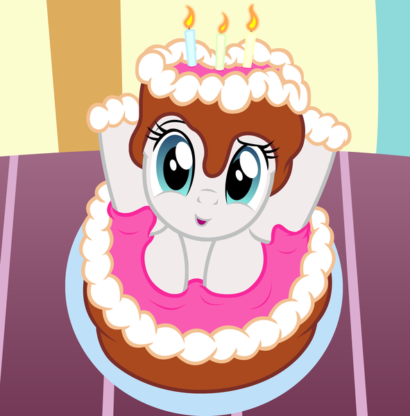 Size: 2540x2578 | Tagged: safe, artist:badumsquish, derpibooru import, blossomforth, pony, adoraforth, birthday cake, birthday candles, birthday present, cake, candle, contortionist, cute, female, flexible, food, foodplay, frontbend, grin, happy, looking at you, messy, pop out cake, smiling, solo, table, that pony sure is flexible