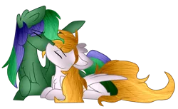Size: 1600x977 | Tagged: safe, artist:cottonponysfm, artist:tiz4905, derpibooru import, oc, oc:brocc, oc:cookie byte, unofficial characters only, pony, couple, full body, kissing, request, requested art