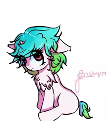 Size: 800x900 | Tagged: safe, artist:cysd16, derpibooru import, oc, oc:aquamarine, unofficial characters only, pony, unicorn, chest fluff, ear fluff, female, filly, frown, looking up, multicolored hair, multicolored mane, multicolored tail, pink coat, pink eyes, shy, simple background, sitting, small, small horn, solo, white background