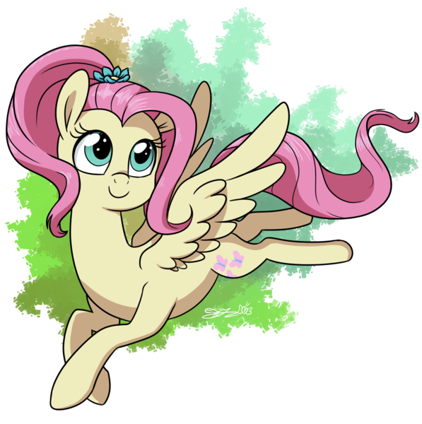 Size: 1080x1085 | Tagged: safe, artist:espeonna, derpibooru import, fluttershy, pegasus, pony, abstract background, alternate hairstyle, cute, flower, flower in hair, ponytail, shyabetes, smiling, solo