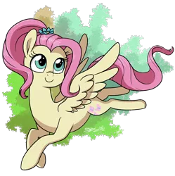 Size: 1080x1085 | Tagged: safe, artist:espeonna, derpibooru import, fluttershy, pegasus, pony, abstract background, alternate hairstyle, cute, flower, flower in hair, ponytail, shyabetes, smiling, solo