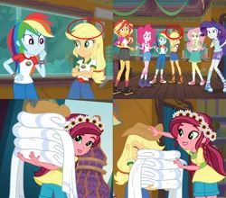 Size: 1640x1440 | Tagged: safe, derpibooru import, edit, edited screencap, screencap, applejack, fluttershy, gloriosa daisy, pinkie pie, rainbow dash, rarity, sunset shimmer, equestria girls, legend of everfree, animation error, applejack's hat, ass, balloon, boots, bracelet, camp everfree logo, camp everfree outfits, clothes, converse, cowboy boots, cowboy hat, crossed arms, cup, error, fail, female, flower, flower in hair, freckles, geode of fauna, geode of shielding, geode of sugar bombs, geode of super speed, geode of super strength, hand on hip, hat, heart, humane five, jewelry, magical geodes, mane six, paper towels, raised leg, rear view, shoes, shorts, sneakers, socks, towel, wristband