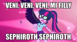 Size: 900x500 | Tagged: safe, derpibooru import, edit, edited screencap, screencap, sci-twi, twilight sparkle, equestria girls, legend of everfree, advent children, camp everfree outfits, caption, clothes, final fantasy, final fantasy vii, glasses, image macro, midnight sparkle, one winged angel, sephiroth, shorts, solo, text