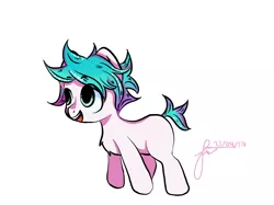 Size: 1599x1198 | Tagged: safe, artist:cysd16, derpibooru import, oc, unofficial characters only, earth pony, pony, cobalt, colt, green eyes, male, multicolored hair, multicolored mane, multicolored tail, open mouth, pink coat, playful, small, smiling, solo, spiky hair, spiky mane, spiky tail
