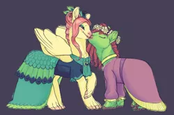 Size: 1262x839 | Tagged: safe, artist:jayrockin, derpibooru import, fluttershy, tree hugger, earth pony, pegasus, pony, tiny sapient ungulates, alternate hairstyle, blushing, cheek fluff, chest fluff, clothes, cute, dress, duo, ear fluff, eyes closed, eyeshadow, female, finger hooves, floral head wreath, flower, flutterhugger, gala dress, gown, gray background, image, kiss on the cheek, kissing, leg fluff, lesbian, lidded eyes, makeup, mare, neck fluff, open mouth, png, shipping, shyabetes, simple background, smiling, species swap, whiskers, wide eyes