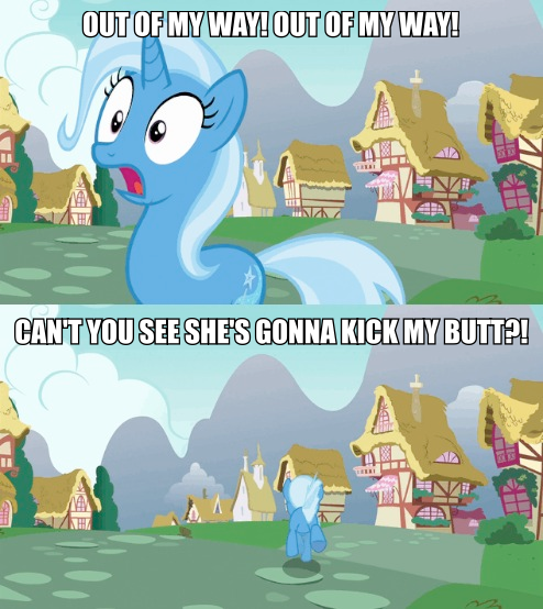 Size: 494x554 | Tagged: safe, derpibooru import, edit, edited screencap, screencap, trixie, pony, unicorn, all bottled up, female, image macro, implied starlight glimmer, mare, meme, running, solo, spongebob squarepants, the bully