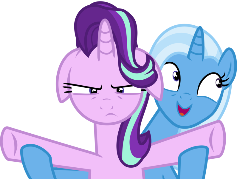 Size: 3975x3000 | Tagged: safe, artist:uponia, derpibooru import, starlight glimmer, trixie, pony, unicorn, all bottled up, .svg available, cute, diatrixes, female, floppy ears, mare, open mouth, simple background, starlight is not amused, transparent background, trixie's puppeteering, unamused, vector