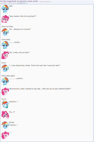 Size: 869x1312 | Tagged: artist:dziadek1990, conversation, derpibooru import, dialogue, emotes, emote story, pinkie pie, pun, rainbow dash, reddit, sad, safe, slice of life, text, wordplay