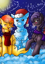 Size: 2120x3000 | Tagged: safe, artist:fkk, derpibooru import, oc, oc:dawn sentry, oc:firetale, unofficial characters only, bat pony, pegasus, pony, bat pony oc, christmas, clothes, commission, female, hat, holiday, mare, santa hat, scarf, snow, snowman, ych result