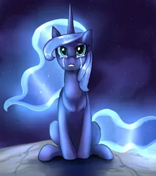 Size: 1314x1480 | Tagged: safe, artist:not-ordinary-pony, derpibooru import, princess luna, alicorn, pony, banishment, crying, female, galaxy mane, looking at you, mare, missing accessory, moon, sitting, solo, stars