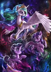 Size: 1080x1525 | Tagged: safe, artist:assasinmonkey, derpibooru import, princess celestia, spike, starlight glimmer, twilight sparkle, twilight sparkle (alicorn), alicorn, dragon, pony, unicorn, celestial advice, crown, crying, female, jewelry, large wings, looking at each other, mare, regalia, space, stars, trio, when you see it, wings