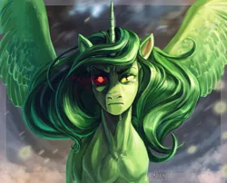 Size: 4961x4016 | Tagged: safe, artist:arainmorn, derpibooru import, oc, unofficial characters only, alicorn, pony, fallout equestria, fanfic, abstract background, absurd resolution, artificial alicorn, commission, crying, fanfic art, female, green alicorn (fo:e), horn, mare, red eyes, slit eyes, solo, spread wings, wings