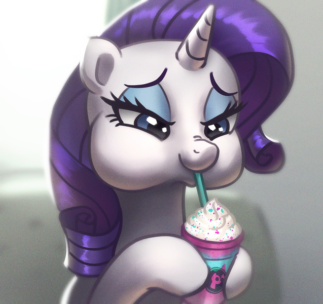 Size: 921x868 | Tagged: safe, artist:agaberu, derpibooru import, rarity, pony, aweeg*, chubby cheeks, cute, drink, drinking, eyeshadow, female, food, makeup, mare, puffy cheeks, rarara, raribetes, solo, straw, unicorn frappuccino, whipped cream