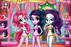 Size: 800x533 | Tagged: safe, derpibooru import, pinkie pie, rarity, twilight sparkle, equestria girls, alternate hairstyle, belly button, blue underwear, bootleg, bra, clothes, crop top bra, dressup, dressup game, frilly underwear, game, girlsplay, heart, heart print underwear, makeover, panties, pink underwear, polka dot underwear, underwear, yellow underwear