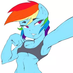Size: 1280x1280 | Tagged: anthro, armpits, artist:nxyde, breasts, clothes, derpibooru import, female, piercing, rainbow dash, simple background, small breasts, sports bra, suggestive, underboob, white background
