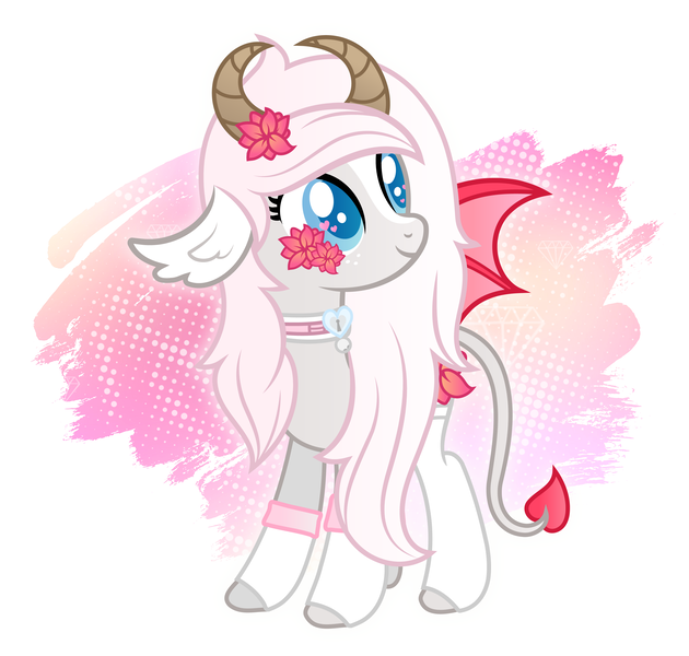 Size: 3592x3419 | Tagged: safe, artist:rish--loo, derpibooru import, oc, oc:minxy bearheart, unofficial characters only, pony, succubus, bat wings, clothes, collar, flower, flower in hair, heart eyes, horns, solo, stockings, thigh highs, wingding eyes