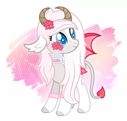 Size: 3592x3419 | Tagged: safe, artist:rish--loo, derpibooru import, oc, oc:minxy bearheart, unofficial characters only, pony, succubus, bat wings, clothes, collar, flower, flower in hair, heart eyes, horns, solo, stockings, thigh highs, wingding eyes