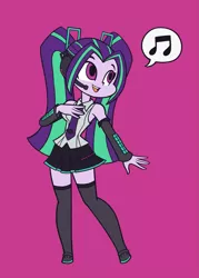 Size: 1071x1500 | Tagged: safe, artist:khuzang, derpibooru import, aria blaze, equestria girls, rainbow rocks, ariatsune miku, boots, clothes, crossover, cute, hatsune miku, headset, miniskirt, music notes, necktie, pigtails, pleated skirt, purple background, simple background, singing, skirt, sleeveless, smiling, socks, solo, thigh boots, thigh highs, thighs, twintails, vocaloid, when she smiles