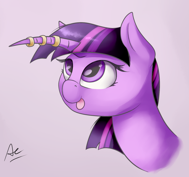 Size: 1387x1302 | Tagged: safe, artist:ac-whiteraven, derpibooru import, twilight sparkle, pony, curved horn, female, horn ring, mare, solo, tongue out